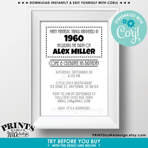 Op de afbeelding: Zwart-witte printbare verjaardagsuitnodiging met de tekst "Many fantastic things happened in 1960 including the birth of Alex Miller. Come & celebrate his birthday. Saturday, September 30, 6:00 PM. Little Italy Restaurant, 123 Some St, Anytown, ST 98765. RSVP to Jim by September 10. Call/Text (123) 456-7890. Email Jim@email.com. Shh! It's a surprise!"