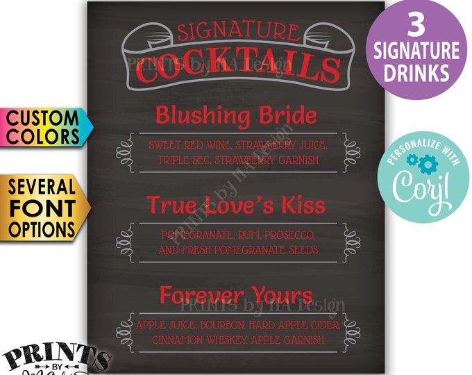 Signature Cocktails Sign, 3 Signature Drinks Sign, Custom PRINTABLE 8x10/16x20” Chalkboard Style Sign <Edit Yourself w/Corjl>