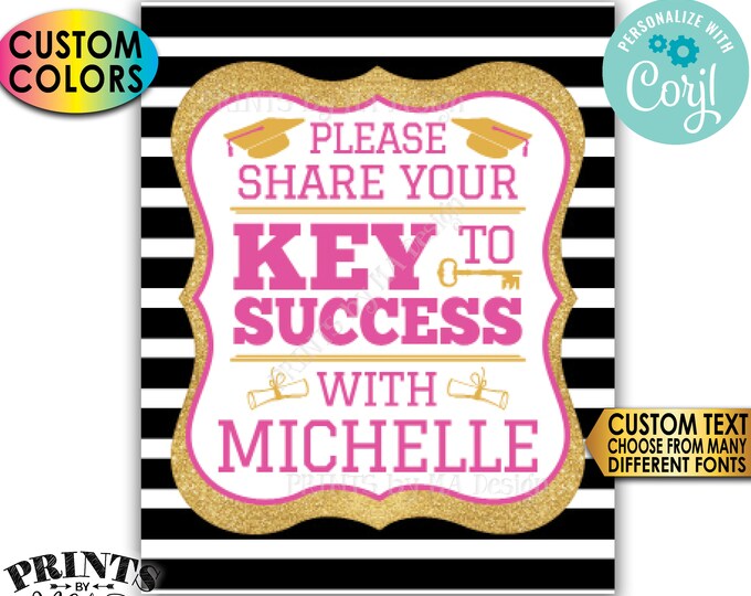 Graduation Advice Sign, Please share your Key to Success, Custom PRINTABLE 8x10/16x20” Grad Sign, Gold Glitter <Edit Yourself w/Corjl>