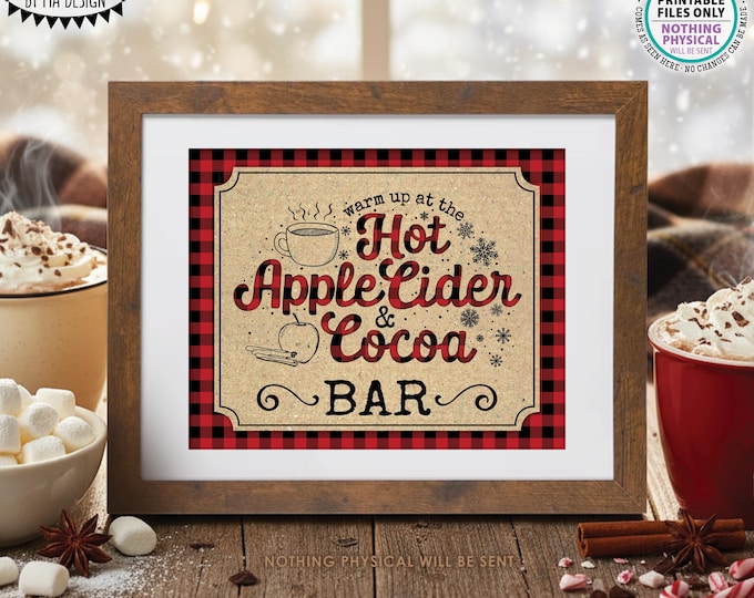 Hot Apple Cider and Cocoa Sign, Warm Up at the Hot Beverage Bar, Red Checker, Lumberjack, PRINTABLE 8x10” Display <ID>