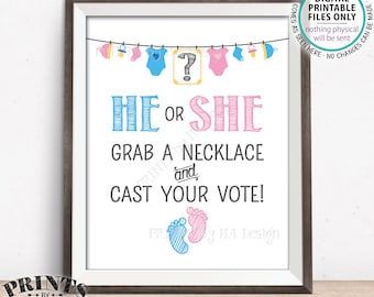 Gender Reveal Party Sign, He or She - Grab a Necklace and Cast Your Vote, PRINTABLE 8x10” Gender Reveal Sign <ID>