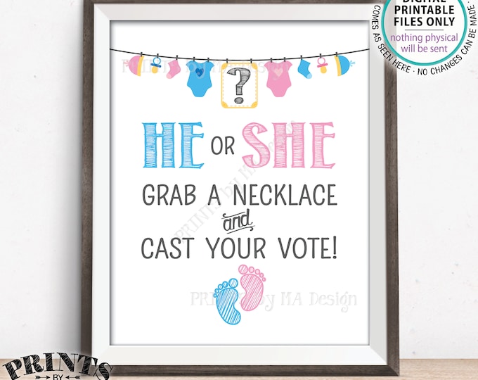 Gender Reveal Party Sign, He or She - Grab a Necklace and Cast Your Vote, PRINTABLE 8x10” Gender Reveal Sign <ID>