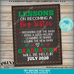 May include: A chalkboard style sign with red and green accents announcing a big sister graduation in July 2020. The sign lists the lessons on becoming a big sister, including preparing for the baby, being a good helper, learning to share, and loving the new baby. The sign is personalized with the name "Corjl".