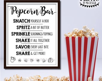Popcorn Bar Sign, Box of Popcorn, Make Your Own Snack Directions, Salty or Sweet Toppings, PRINTABLE 8x10/16x20” Black & White Sign <ID>