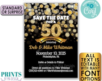 Editable Black & Gold Glitter Anniversary Party Save the Date invite, PRINTABLE 5x7" Golden Invitation <Edit Yourself with Corjl>