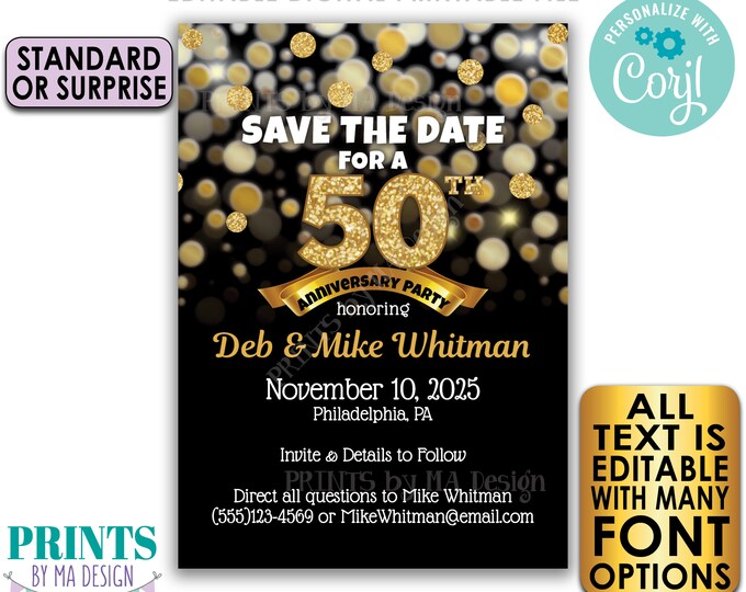 Editable Black & Gold Glitter Anniversary Party Save the Date invite, PRINTABLE 5x7" Golden Invitation <Edit Yourself with Corjl>