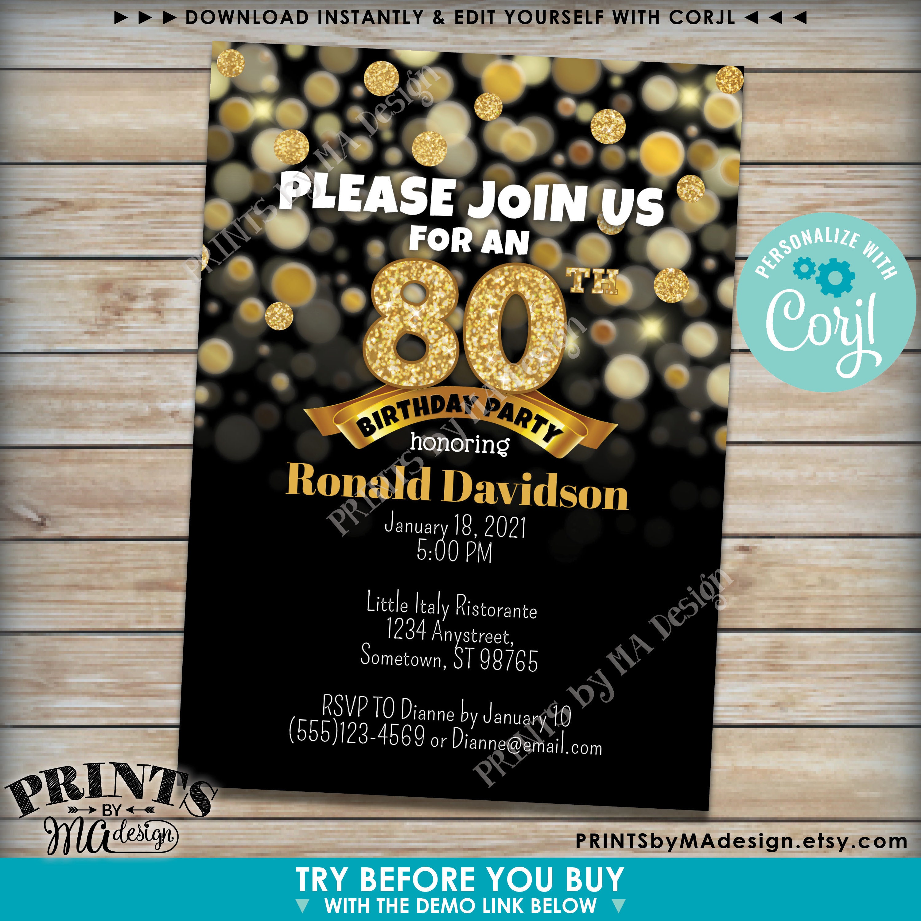 Gold Birthday Party Invitation, Standard or Surprise Party, PRINTABLE