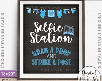 Selfie Station Sign, Baby Shower Selfie Sign, Grab a Prop & Strike a Pose Decor, Blue 8x10” Chalkboard Style Printable Instant Download