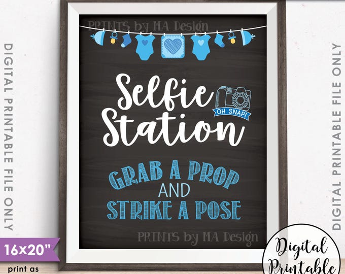 Selfie Station Sign, Baby Shower Selfie Sign, Grab a Prop & Strike a Pose Decor, Blue 8x10” Chalkboard Style Printable Instant Download