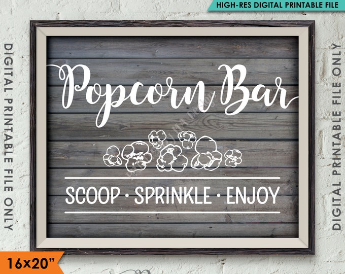 Popcorn Bar Sign, Popcorn Toppings, Popcorn Bar Directions, Wedding Sign, 8x10/16x20" Rustic Wood Style Instant Download Digital Printable