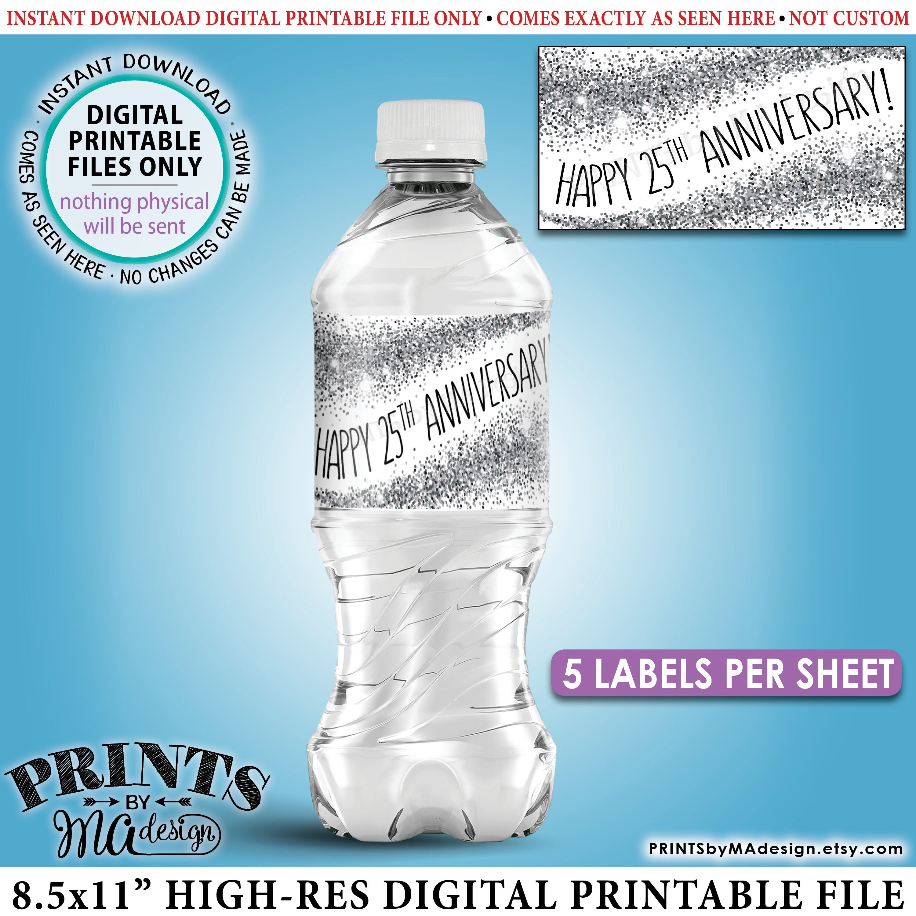 25th Anniversary Water Bottle Labels Silver Glitter Anniversary Party 