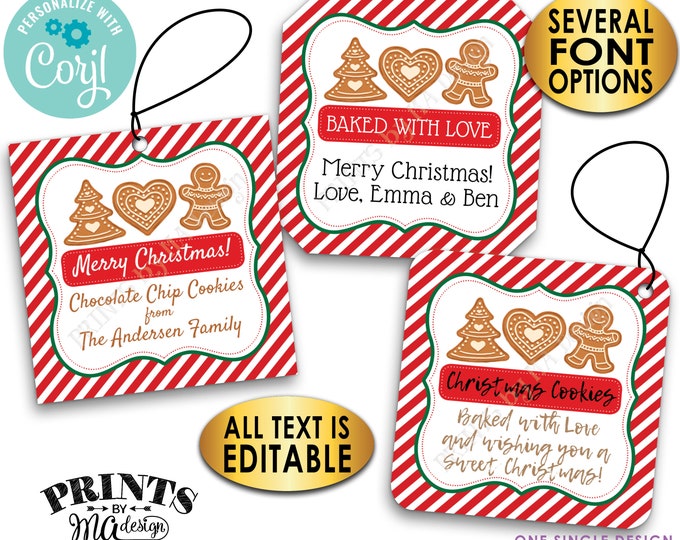 Christmas Cookie Bakery Tags, Custom 2" Square Cards on a Digital PRINTABLE 8.5x11" File, From the Kitchen Of <Edit Yourself with Corjl>
