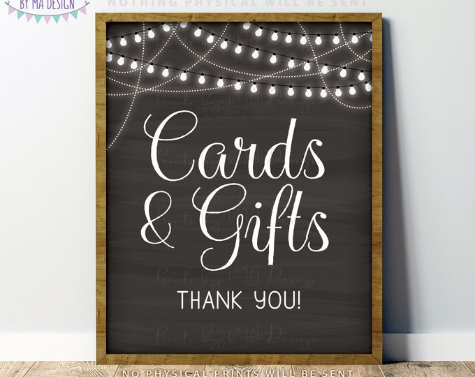 Cards and Gifts Thank You Sign, Cards & Gifts Wedding Shower Birthday Graduation, PRINTABLE 8x10/16x20” Chalkboard Style Sign, Lights <ID>