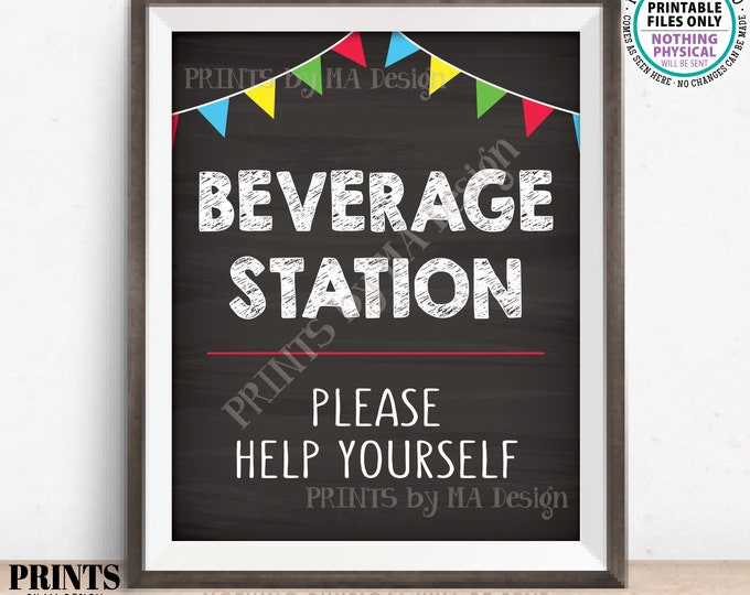 Beverage Station Sign, Please Help Yourself to a Drink, PRINTABLE 8x10” Chalkboard Style Portrait Beverage Sign with Flags <ID>