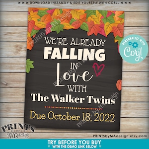May include: A chalkboard style announcement with autumn leaves and the text "We're already falling in love with The Walker Twins Due October 18, 2022".