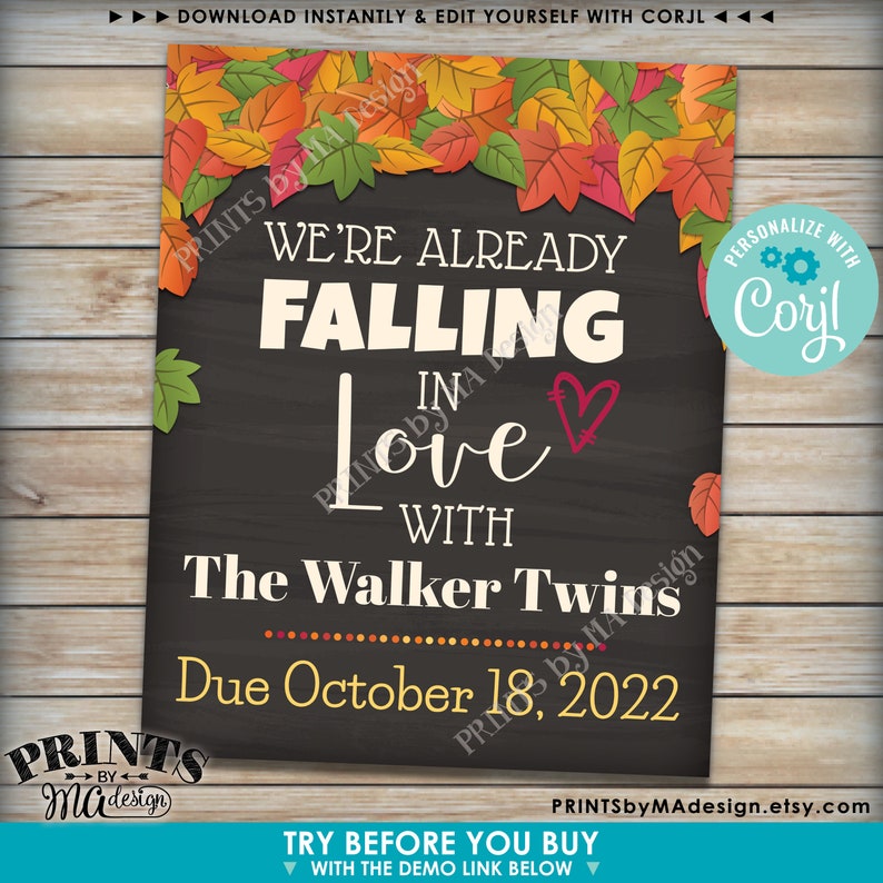 May include: A chalkboard style announcement with autumn leaves and the text "We're already falling in love with The Walker Twins Due October 18, 2022".
