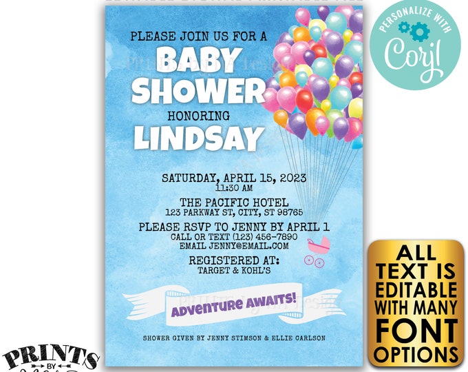 Editable Balloons Baby Shower Invitation, Adventure Awaits, Up Baby Shower, Custom PRINTABLE 5x7" Invite <Edit Yourself w/Corjl>