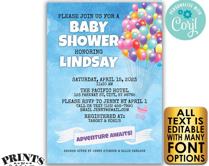 Editable Balloons Baby Shower Invitation, Adventure Awaits, Up Baby Shower, Custom PRINTABLE 5x7" Invite <Edit Yourself w/Corjl>