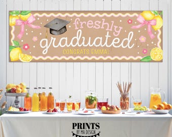 Freshly Graduated Banner, Custom Name, Lemonade, Pink Ribbon, Brown Kraft Paper, 2ft by 6 ft, Digital PRINTABLE 24x72” Sign