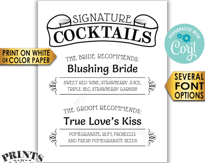 Signature Cocktails Sign, Bride and Groom Recommend, Custom B&W PRINTABLE 8x10/16x20” Wedding Drinks Sign <Edit Yourself w/Corjl>