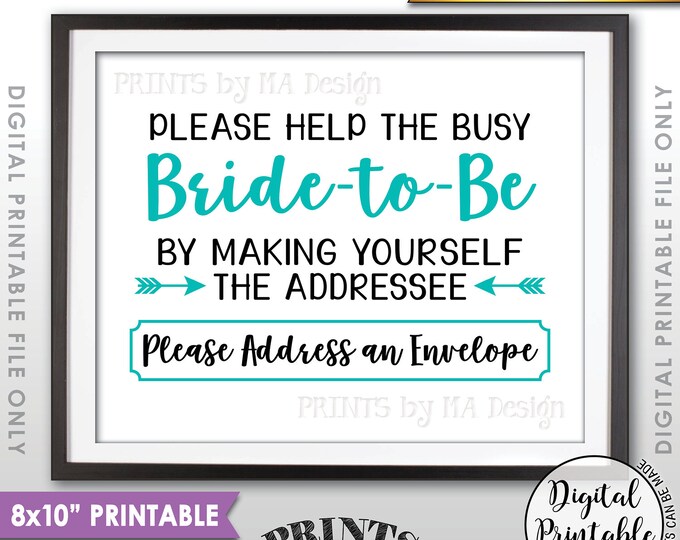 Address Envelope Bridal Shower Sign Addressee Help the Bride by Addressing an Envelope. Teal, Aqua, Instant Download 8x10" Printable Sign