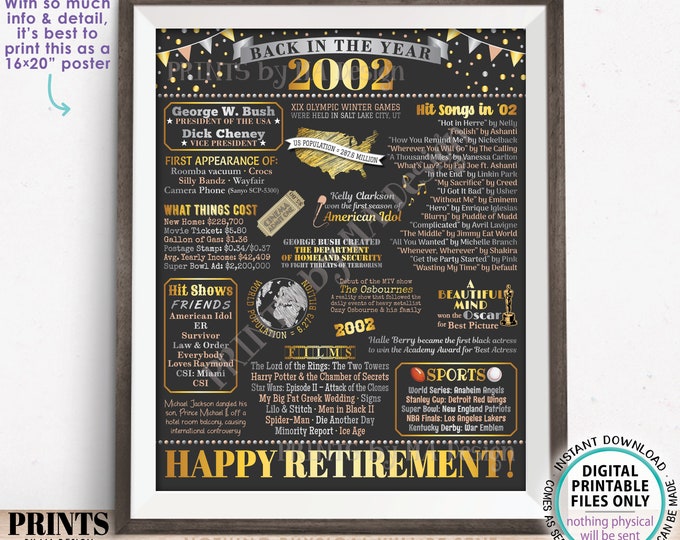 Back in the Year 2002 Retirement Party Poster Board, Flashback to 2002 Sign, PRINTABLE 16x20” Retirement Party Decoration <ID>