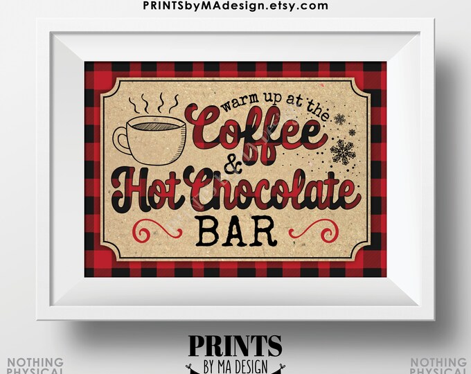 Coffee and Hot Chocolate Sign, Warm Up at the Hot Beverage Bar, Cocoa, Red Checker Buffalo Plaid, PRINTABLE 5x7” Lumberjack Sign <ID>