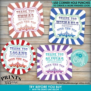 May include: Four colorful printable favor tags with a circus theme. Each tag features a red and white striped border, a colorful tent, and the text "Thank You for Making [Name]'s [Age] Birthday Over the Top".