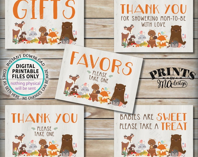 Woodland Animal Baby Shower Signs, Bundle Pack, Sweet Treat Favors, Woodland Animals, Forest Friends Decorations, 5 PRINTABLE 5x7” Sign <ID>