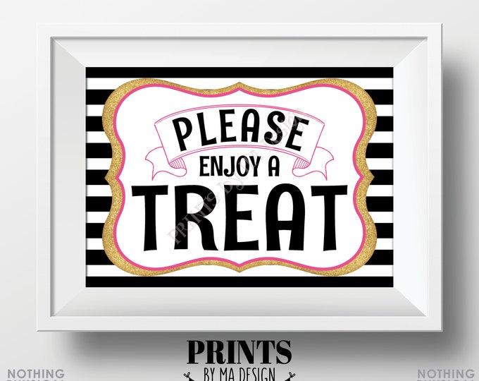 Please Enjoy a Treat Sign, Sweet Treat, Cupcake, Candy, Cake, PRINTABLE 5x7” Black Pink & Gold Glitter Dessert Sign <Instant Download>