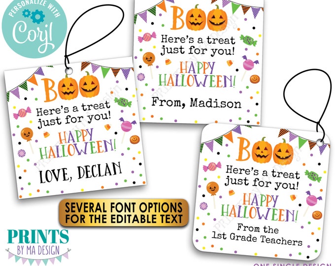 Editable Halloween Treat Tags, Custom Goodie Bag Party Favors, Take a Candy, PRINTABLE 8.5x11" Sheet of 2x2" Cards <Edit Yourself w/Corjl>