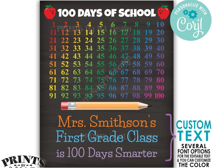 100 Days of School Sign, Custom PRINTABLE 8x10/16x20” Chalkboard Style 100th Day of School Poster <Edit Yourself with Corjl>