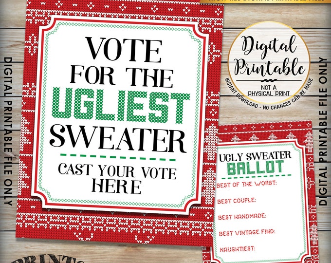 Ugly Christmas Sweater Voting Sign and Ballots, Ugly Sweater Party, Christmas Party, 8.5x11" sign & 5x7" ballot Instant Download Printables