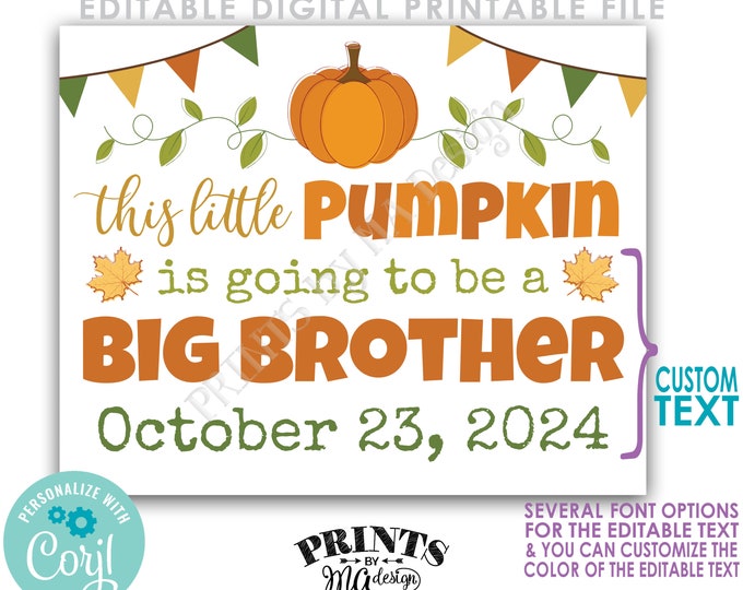 Editable Pumpkin Pregnancy Announcement, This Little Pumpkin is Going to be a Big _____, Custom PRINTABLE Sign <Edit Yourself w/Corjl>