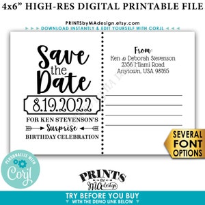 Enregistrez la carte postale de date pour une célébration SURPRISE, verso de carte postale, personnalisé PRINTABLE 4x6" Save the Date <Edit Yourself with Corjl>