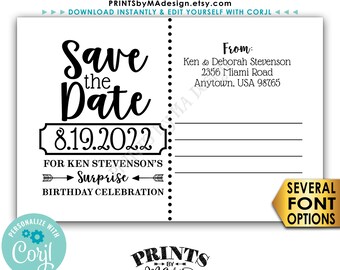 Save the Date Postcard for a SURPRISE Celebration, Postcard Back Side, Custom PRINTABLE 4x6" Save the Date <Edit Yourself with Corjl>