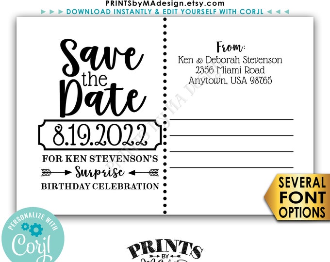 Save the Date Postcard for a SURPRISE Celebration, Postcard Back Side, Custom PRINTABLE 4x6" Save the Date <Edit Yourself with Corjl>