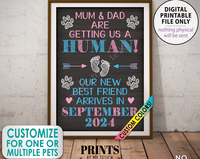 Pet Pregnancy Announcement, Mum & Dad are Getting a Human, New Best Friend Arriving, Custom Chalkboard Style PRINTABLE A1 Baby Reveal Sign