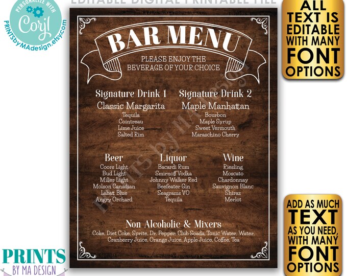 Bar Menu Sign, Custom PRINTABLE 8x10/16x20” Rustic Wood Style Drinks Sign, Birthday Party, Wedding Reception <Edit Yourself with Corjl>