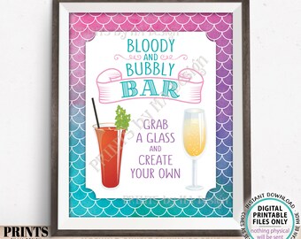 Mermaid Bloody and Bubbly Bar Sign, Mimosas and Bloody Mary, Mermaid Beverage Brunch Drinks Menu, PRINTABLE 8x10” Watercolor Style Sign <ID>