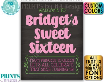 Welkomstbord voor Sweet Sixteen, Van prinses tot koningin: vier je Sweet Sixteen, printbaar bord in krijtbordstijl (40x50 cm) <Bewerk je eigen bord met Corjl>