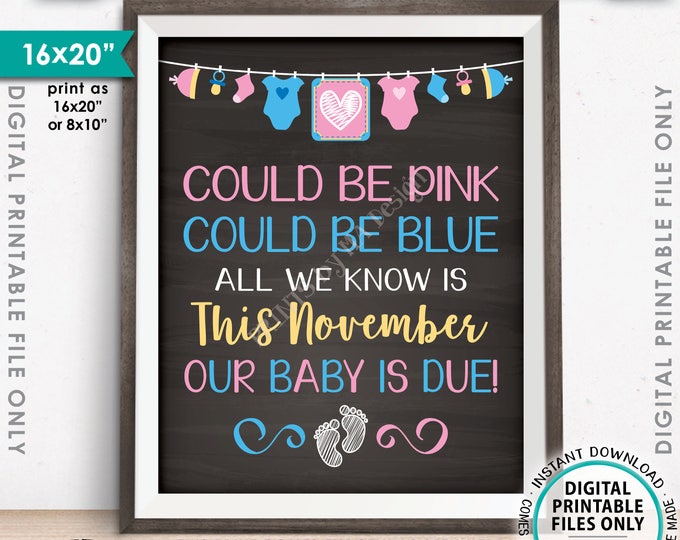 Pregnancy Announcement, Could be Pink Could be Blue Baby is Due in NOVEMBER Dated Chalkboard Style PRINTABLE 16x20” Reveal Sign <ID>