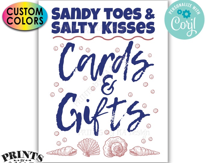 Beach Themed Cards & Gifts Sign, Sandy Toes and Salty Kisses Bridal Shower Sign, PRINTABLE 8x10/16x20" Sign <Edit Colors Yourself w/Corjl>