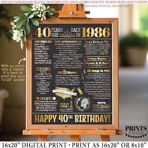 Cartel para 40 cumpleaños, nacido en 1986, recuerdo de hace 40 años, regalo de cumpleaños, letrero imprimible de 16 x 20 pulgadas, regalo para 40 cumpleaños <ID>