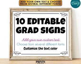 Custom Graduation Sign, Grad Cap Corners, Make Up to 10 Custom PRINTABLE 8x10/16x20” Landscape Signs <Edit Yourself w/Corjl>