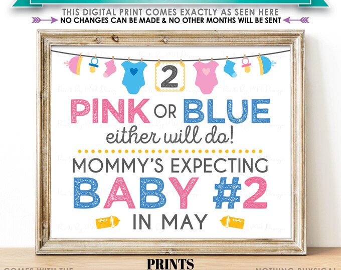 Baby Number 2 Pregnancy Announcement Sign, Pink or Blue Either Will Do, Baby #2 Due in MAY, PRINTABLE 8x10/16x20” Baby Reveal Sign <ID>