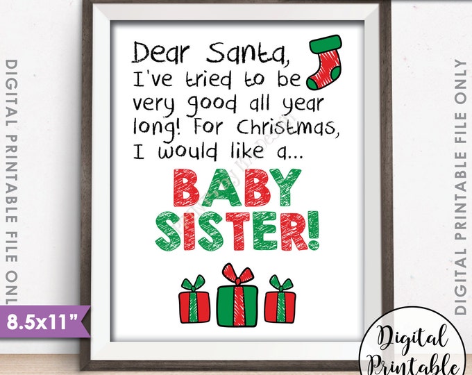 Christmas Pregnancy Announcement, X-mas Wish List for a Baby Sister It's a Girl Gender Reveal Sign, PRINTABLE 8.5x11” Girl Reveal Sign <ID>