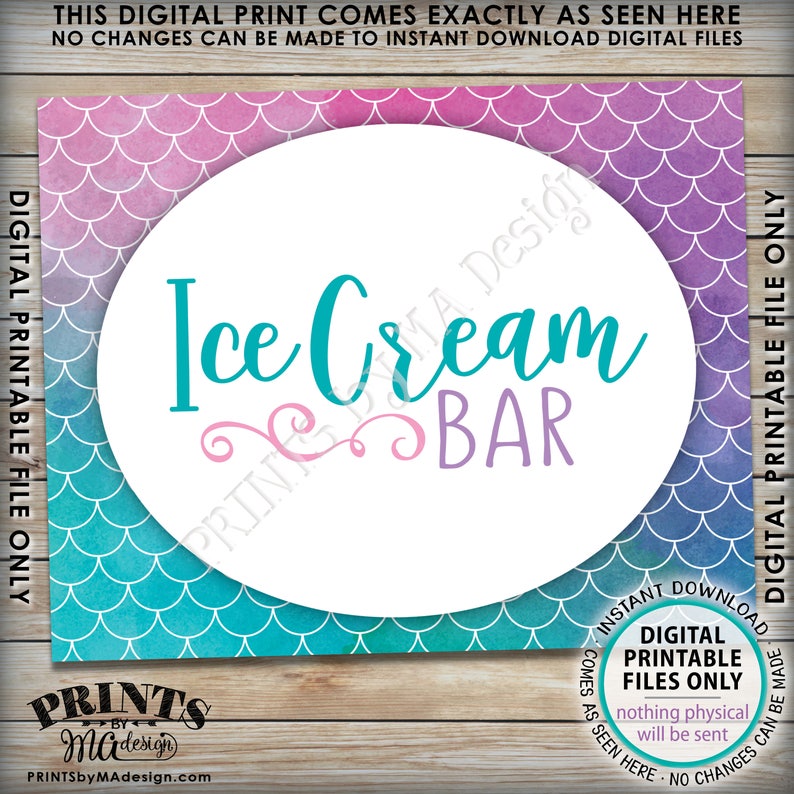 Mermaid Party Sign, Mermaid Party Ice Cream Bar Sign, Mermaids Tail Birthday Sign, 8x10 Watercolor Style PRINTABLE Ice Cream Sign ID image 2