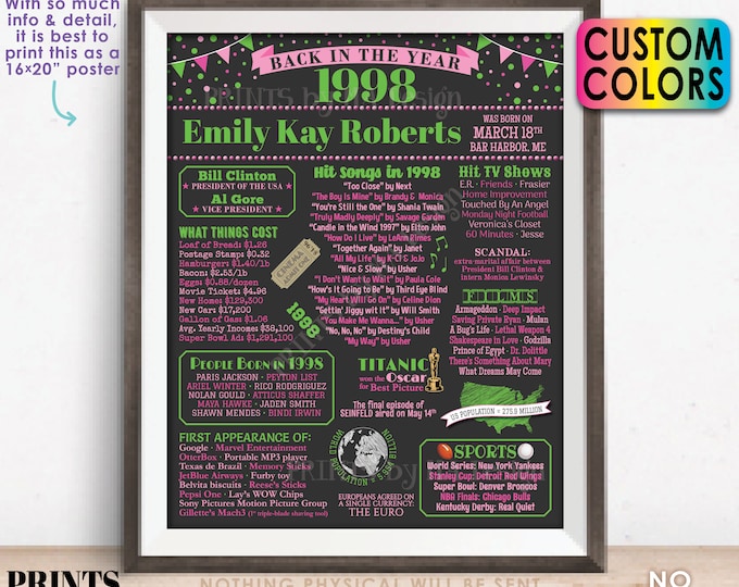 Back in the Year 1998 Birthday Sign, Flashback to 1998 Poster Board, 1998 Birthday Gift, Custom PRINTABLE 16x20” B-day Decoration