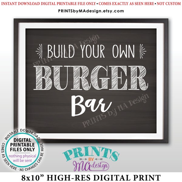 Burger Sign, Build Your Own Burger Bar Sign, Sliders, Graduation Birthday Wedding Retirement, PRINTABLE Chalkboard Style 8x10” Sign <ID>